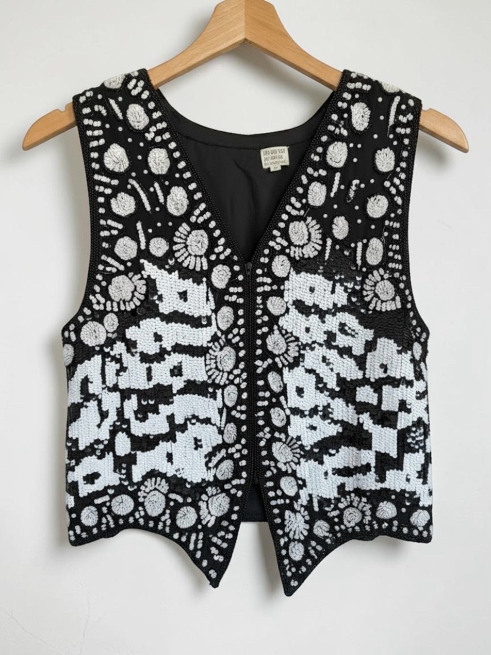 Vintage 80s Beaded Sequin Silk Cropped Vest Black White Geometric Open Front S